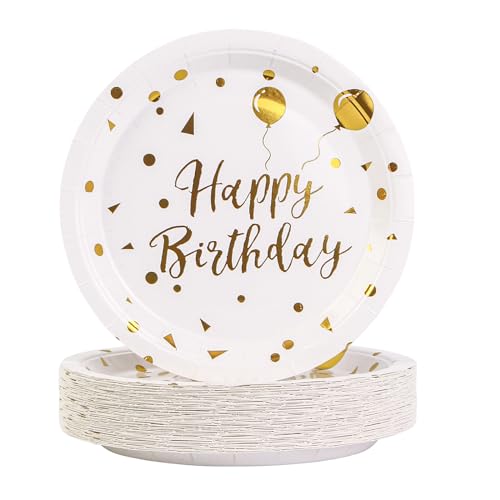 DHAIQC 50 Stück Pappteller, Partyteller Happy Birthday Teller Set ​17,8 cm Kindergeburtstag Einwegteller Weiß Gold Partygeschirr Set für Geburtstage und Partys von DHAIQC