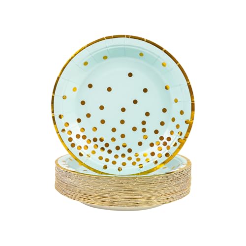 DHAIQC 50 Stück Pappteller Blau Gold 18 cm, Pappteller Geburtstag Blau mit Gold Gepunktete Partyteller Einwegteller Papierteller Kuchenteller Partygeschirr für Geburtstag Hochzeiten Jubiläums von DHAIQC