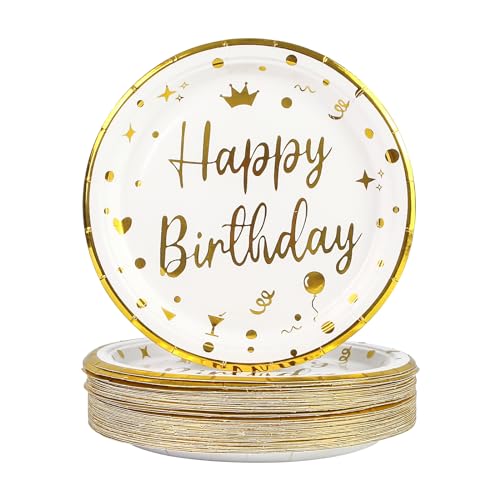 DHAIQC 50 Stück Pappteller Geburtstag 18 cm, Pappteller Weiß Gold Partyteller Einwegteller Weiß mit Gold Goldrand Papierteller Geburtstag Partygeschirr (Geburtstag Weiß, 18cm) von DHAIQC