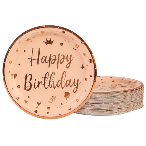 DHAIQC 50 Stück Pappteller Geburtstag 23 cm, Pappteller Rosa Gold Partyteller Einwegteller Rosa mit Gold Goldrand Papierteller Geburtstag Partygeschirr (Geburtstag Rosa, 23cm) von DHAIQC