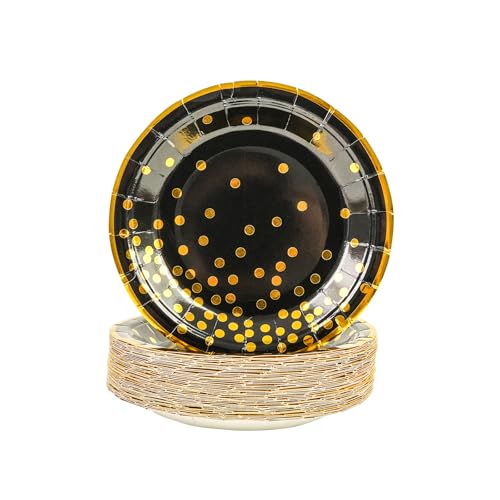 DHAIQC 50 Stück Pappteller Schwarz Gold 18 cm, Pappteller Geburtstag Schwarz mit Gold Gepunktete Partyteller Einwegteller Papierteller Kuchenteller Partygeschirr für Geburtstag Hochzeiten Jubiläums von DHAIQC