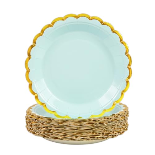 DHAIQC Pappteller Blau Gold 50 Stück, 23cm Partyteller Blau mit Gold Goldrand Einwegteller Pappteller Geburtstag Kuchenteller Partygeschirr für Geburtstag Hochzeiten Jubiläums (Blau Gold, 23cm) von DHAIQC