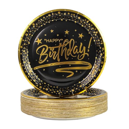 DHAIQC Pappteller Schwarz Gold 50 Stück, Pappteller Geburtstag Partyteller ​​18 cm Schwarz mit Gold Goldrand Einwegteller Pappteller Kindergeburtstag Partygeschirr (Geburtstag Schwarz, 18cm) von DHAIQC