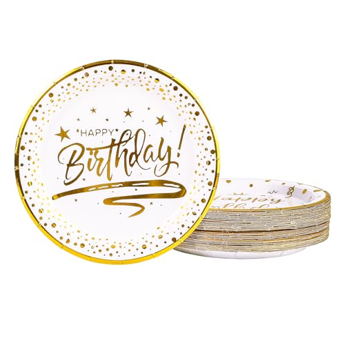 DHAIQC Pappteller Weiß Gold 50 Stück, Pappteller Geburtstag Partyteller ​​23 cm Weiß mit Gold Goldrand Einwegteller Pappteller Kindergeburtstag Partygeschirr (Geburtstag Weiß, 23cm) von DHAIQC
