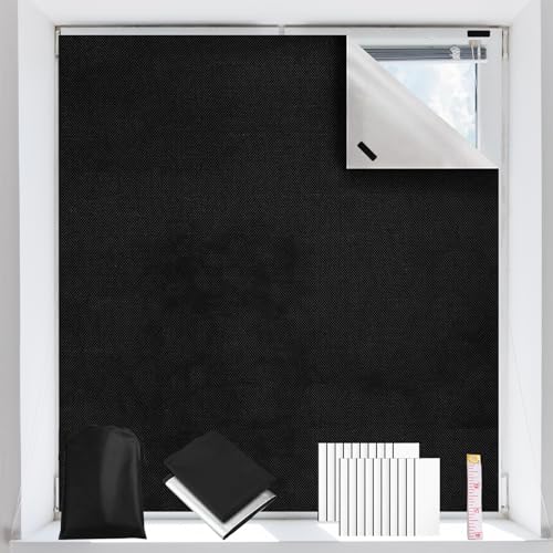 Fenster Verdunklungsstoff 100% Lichtundurchlässig, 100x145cm Verdunklungsrollo Ohne Bohren Dachfenster Verdunkelung Verdunklungsfolie Reise Verdunkelungsrollo inkl Klettband (Schwarz, 100 x 145 cm) von DHAIQC