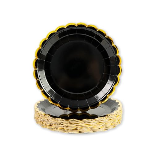 Pappteller Schwarz Gold 50 Stück, 18cm Partyteller Schwarz mit Gold Goldrand Einwegteller Pappteller Geburtstag Kuchenteller Partygeschirr für Geburtstag Hochzeiten Jubiläums (Schwarz Gold, 18cm) von DHAIQC