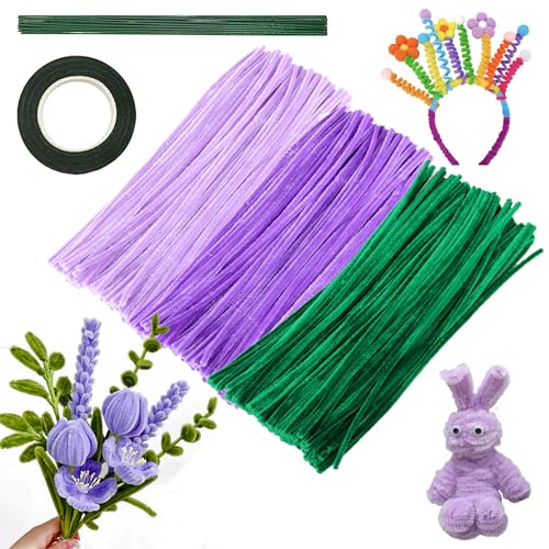 DHER Pfeifenreiniger Chenilledraht Farbe Pfeifenreiniger Bunt zum Basteln 300 Stück Pfeifenreiniger und 10 Stück Blumenstäbe, Klebeband, 30 cm langer, biegsamer Plüsch-Basteldraht-Set DIY-Projekte (A) von DHER