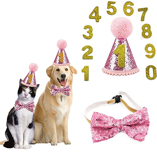 DHER Haustier Geburtstagsset Mit Goldenem Pailletten Hut Geburtstag Hut Pet Party Dekorationsset Hund Geburtstagshut Fliege Katze Hund Geburtstag Pailletten DekorationszubehöR Festliche Party (rosa) von DHER