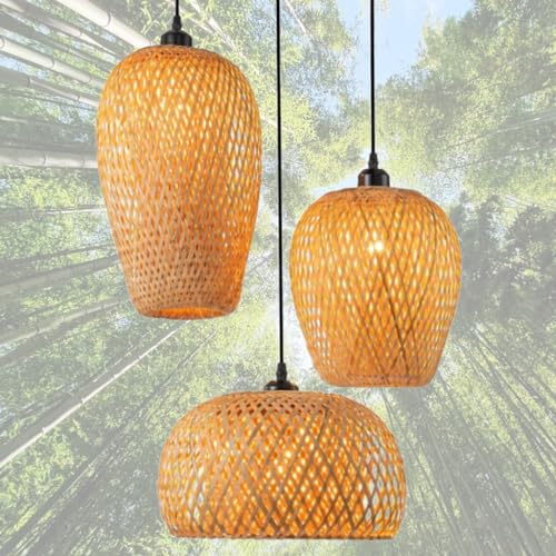 Bambus Deckenlampe Boho Hängelampe Rattan Lampenfassung Höhenverstellbar Deckenlampe Gewebte Lampenschirm Hängeleuchte Das Küche Cafe Esszimmer Lampen Hängelampe Rattan Lampe Hängend E27*3 leuchter von DHGIE