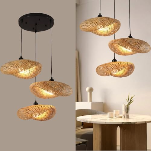 DHGIE Bambus Kronleuchter,Retro Bambus Lampe Natürlichen Bambus Pendelleuchte Handgewebten Pendellampe Boho Lampe 3-flammige Pendelleuchte Über Esstisch Holz Hängelampe Mit E27 Fassung von DHGIE