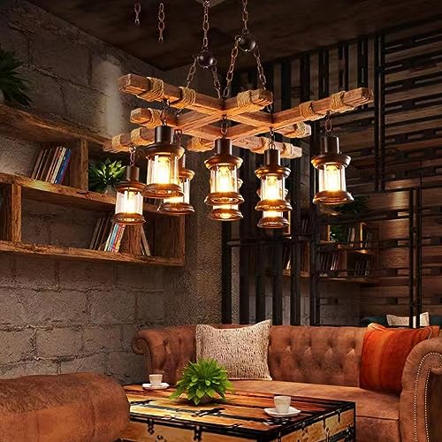 DHGIE Holz Pendellampe Industrie Pendelleuchte Pendelleuchte Hängeleuchte Esszimmer Küche Wohnzimmer Bar Cafe Indoor Lampe Leuchte Kronleuchter Retro Metall Höhenverstellbar Pendellampe von DHGIE