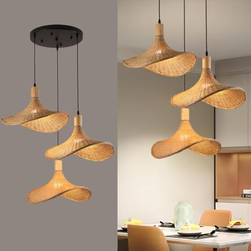 DHGIE Rattan Lampe Hängelampe E27*3 Retro Bambus Holz Lampenschirm Deckenlampe Pendelleuchte Holz Pendelleuchte Industrial Holz Bambus Deckenlampe Das Küche Schlafzimmer Cafe Esszimmer Lampe Hängend ( von DHGIE