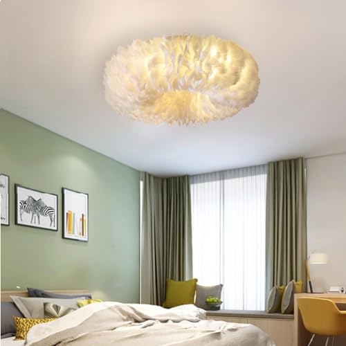 LED Deckenleuchte Dimmbar Modern Deckenlampe Weiße Feder Pendelleuchte Für Die Decke Creme-Stil Schlafzimmer Wohnzimmer Lampe Energiespar Licht Moderner Minimalistischer Stil E27 (Größe : A63cm) von DHGIE