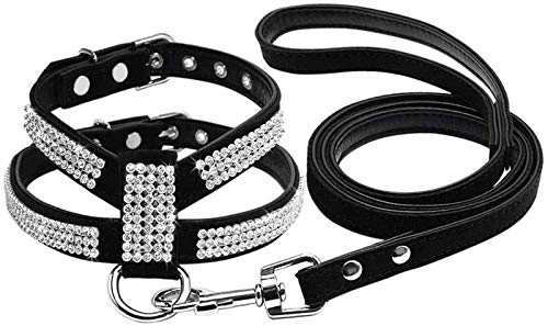 DHGTEP Strass Hundegeschirr Diamant Wildleder Katze Welpe Kätzchen Geschirr & Leine Set für Kleine Mittlere Hund Chihuahua (Color : Black, Size : M) von DHGTEP