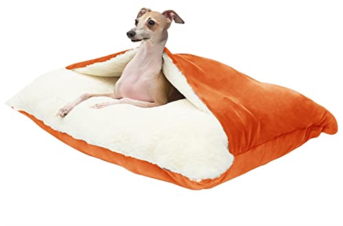 Hundebett Orthopädisch, Hundeschlafsack, Katzenkörbchen Flauschig Waschbar, Hundebett mit Abnehmbaren Deckel, Rechteckiges Hundekorb für Kleine Mittelgroße Hunde (Color : Orange, Größe : 75x60x23cm von DHGTEP