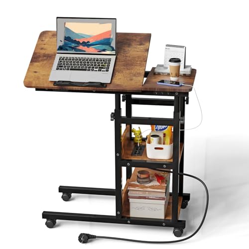 DHHOZAMZ Beistelltisch mit Rollen, C-förmiger Beistelltisch mit Steckdose, Couchtisch, Höhenverstellbarer Computertisch, Kippbare Tischplatte, Nutzung im Heimbüro. (Vintage Braun, 80x40x64-95cm) von DHHOZAMZ