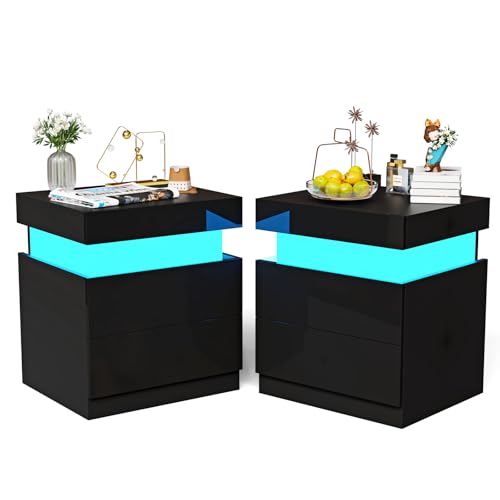DHHOZAMZ Nachttisch 2er Set Mit LED und Ladefunktion, Nachtschrank Mit Steckdose und Geheimfach(2 AC), Nachttische Mit 2 Hochglanz Schubladen für Schlafzimmer, Wohnzimmer. (Schwarz-C2PCS, 45x40x52cm) von DHHOZAMZ