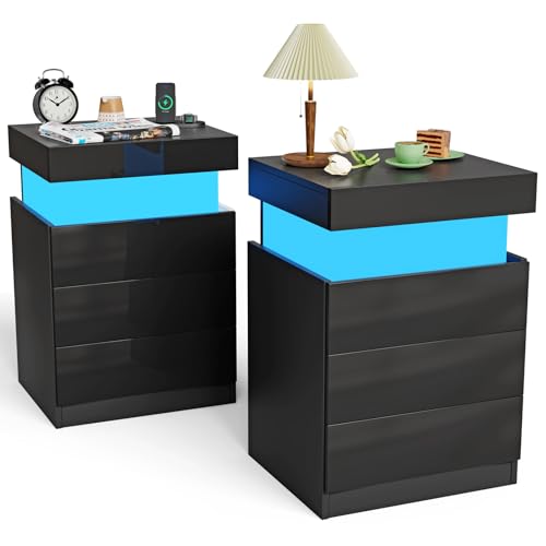 DHHOZAMZ Nachttisch 2er Set Mit LED und Ladefunktion, Nachtschrank Mit Steckdose und Geheimfach(2 AC), Nachttische Mit 3 Hochglanz Schubladen für Schlafzimmer, Wohnzimmer. (Schwarz-2pcs, 45x40x67cm) von DHHOZAMZ