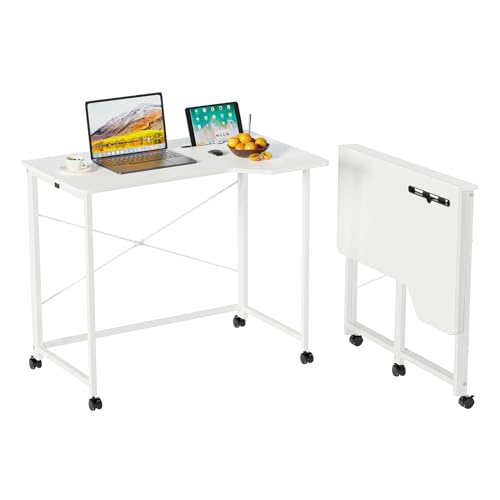 DHHOZAMZ Schreibtisch Klappbar mit Rollen, Klappbarer Schreibtisch Kleiner, Computertisch, Nähtisch klappbar, Platzsparend, Laptoptisch fürs Büro, Homeoffice. (Weiß-a, 90x56x75cm) von DHHOZAMZ