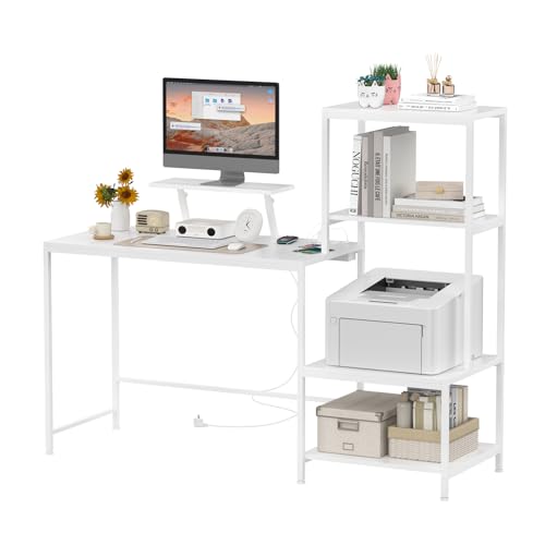 DHHOZAMZ Schreibtisch mit Regal, Computertisch mit Monitorständer, 98cm Gaming Tisch, Tisch mit umkehrbaren Trennwänden, Pc Tisch, Mit Aufladestation und USB-Anschluss. (Weiß, 98x48x125cm) von DHHOZAMZ