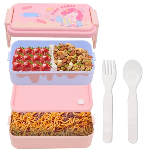 Brotdose Einhorn, Cartoon Nette Brotdose Kinder Mit Fächern, Bento Box Kinder Set, Lunch Box Mit Fächern Kinder/Erwachsene, Brotbüchse Vesperbox Mit Besteck, Gedruckte All-In-One Bento-Boxen (Rosa) von DHINCHANSAIB