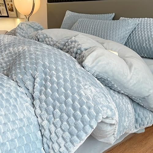 DHJKFU Bettbezug-Set aus Bean-Samt 200x230cm 220x240cm luxuriöse Winter-Bettwäsche aus Flanell, 4-teiliges Set mit Bettlaken und Kissenbezügen(Blue,220x240-245x270cm) von DHJKFU
