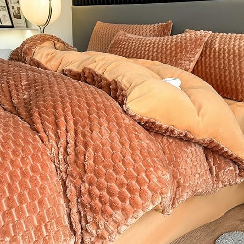 DHJKFU Bettbezug-Set aus Bean-Samt 200x230cm 220x240cm luxuriöse Winter-Bettwäsche aus Flanell, 4-teiliges Set mit Bettlaken und Kissenbezügen(Orange,220x240-245x270cm) von DHJKFU