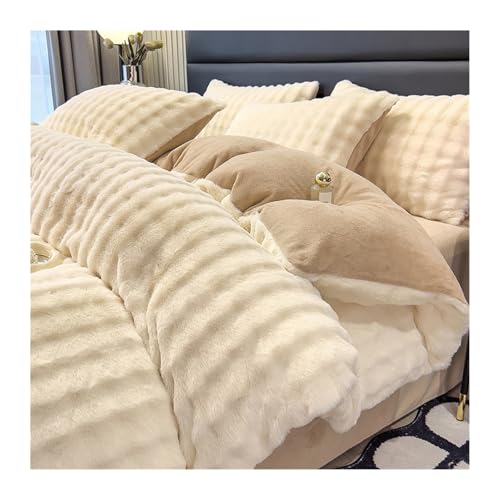 DHJKFU Samt-Bettbezug-Set 200x230cm 220x240cm 4-teilig weicher Flanell Bettwäsche-Sets luxuriöser Winter-Bettbezug mit Bettlaken und Kissenbezügen(Beige,200x230-245x250cm) von DHJKFU