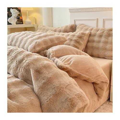 DHJKFU Samt-Bettbezug-Set 200x230cm 220x240cm 4-teilig weicher Flanell Bettwäsche-Sets luxuriöser Winter-Bettbezug mit Bettlaken und Kissenbezügen(Brown,200x230-245x250cm) von DHJKFU