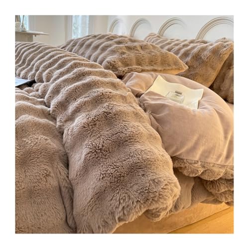 DHJKFU Samt-Bettbezug-Set 200x230cm 220x240cm 4-teilig weicher Flanell Bettwäsche-Sets luxuriöser Winter-Bettbezug mit Bettlaken und Kissenbezügen(Brown B,200x230-245x250cm) von DHJKFU