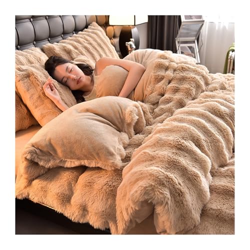 DHJKFU Samt-Bettbezug-Set 200x230cm 220x240cm 4-teilig weicher Flanell Bettwäsche-Sets luxuriöser Winter-Bettbezug mit Bettlaken und Kissenbezügen(Brown D,200x230-245x250cm) von DHJKFU