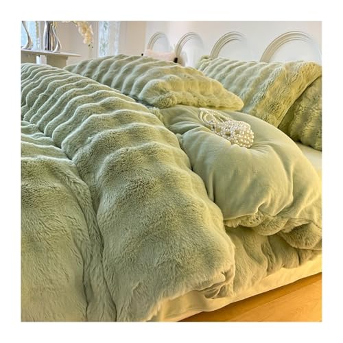 DHJKFU Samt-Bettbezug-Set 200x230cm 220x240cm 4-teilig weicher Flanell Bettwäsche-Sets luxuriöser Winter-Bettbezug mit Bettlaken und Kissenbezügen(Green,200x230-245x250cm) von DHJKFU