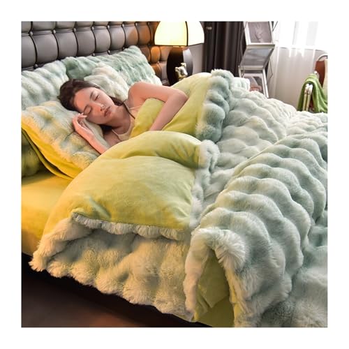 DHJKFU Samt-Bettbezug-Set 200x230cm 220x240cm 4-teilig weicher Flanell Bettwäsche-Sets luxuriöser Winter-Bettbezug mit Bettlaken und Kissenbezügen(Green A,220x240-245x250cm) von DHJKFU