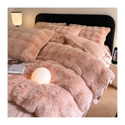 DHJKFU Samt-Bettbezug-Set 200x230cm 220x240cm 4-teilig weicher Flanell Bettwäsche-Sets luxuriöser Winter-Bettbezug mit Bettlaken und Kissenbezügen(Pink,220x240-245x250cm) von DHJKFU