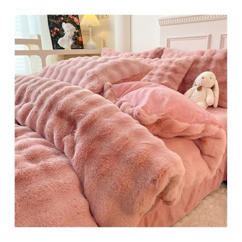 DHJKFU Samt-Bettbezug-Set 200x230cm 220x240cm 4-teilig weicher Flanell Bettwäsche-Sets luxuriöser Winter-Bettbezug mit Bettlaken und Kissenbezügen(Pink A,220x240-245x250cm) von DHJKFU