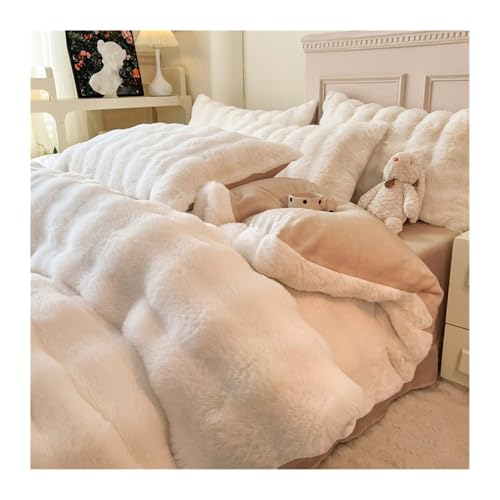 DHJKFU Samt-Bettbezug-Set 200x230cm 220x240cm 4-teilig weicher Flanell Bettwäsche-Sets luxuriöser Winter-Bettbezug mit Bettlaken und Kissenbezügen(White A,220x240-245x250cm) von DHJKFU