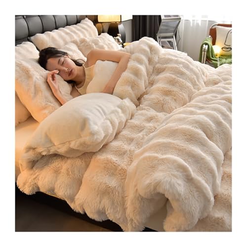 DHJKFU Samt-Bettbezug-Set 200x230cm 220x240cm 4-teilig weicher Flanell Bettwäsche-Sets luxuriöser Winter-Bettbezug mit Bettlaken und Kissenbezügen(White C,200x230-245x250cm) von DHJKFU