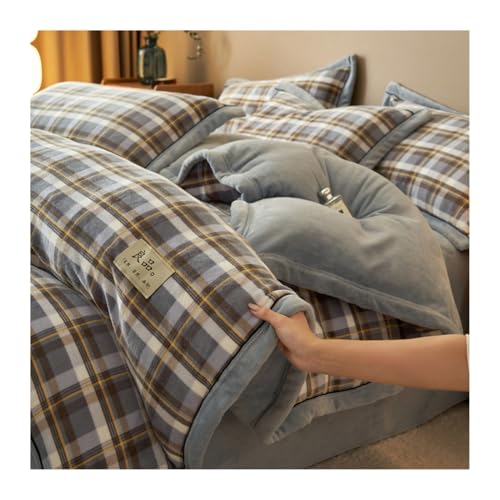 DHJKFU Samt-Bettbezug-Set 200x230cm 220x240cm Bettwäsche-Sets 4-teilig luxuriöser weicher Winter-Flanell-Bettbezug mit Bettlaken und 2 Kissenbezügen(Plaid E) von DHJKFU