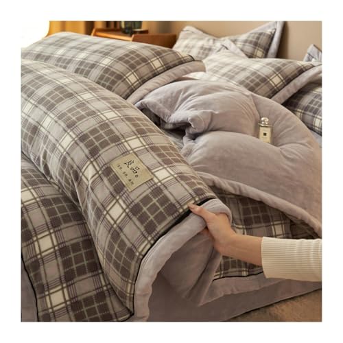 DHJKFU Samt-Bettbezug-Set 200x230cm 220x240cm Bettwäsche-Sets 4-teilig luxuriöser weicher Winter-Flanell-Bettbezug mit Bettlaken und 2 Kissenbezügen(Plaid F) von DHJKFU
