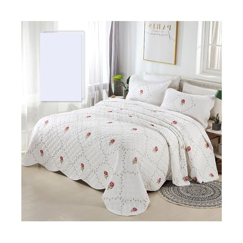 DHJKFU Tagesdecke Bettüberwurf 240x260cm Weiße Stickerei Bedspreads aus Baumwolle Quilt Überwurf Bett Überwurfdecke leicht Steppdecke mit 2 Kissenbezug von DHJKFU