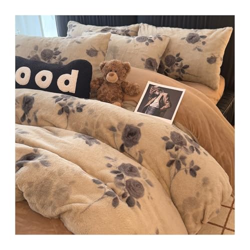 DHJKFU Winter-Bettbezug-Set Kaninchen-Plüsch-Samt 200x230cm 220x240cm Bettwäsche-Sets 4-teilig luxuriös Bettbezug mit Bettlaken und Kissenbezügen(Floral A,220x240-245x250cm) von DHJKFU
