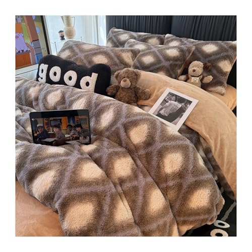 DHJKFU Winter-Bettbezug-Set Kaninchen-Plüsch-Samt 200x230cm 220x240cm Bettwäsche-Sets 4-teilig luxuriös Bettbezug mit Bettlaken und Kissenbezügen(Grid A,200x230-230x250cm) von DHJKFU