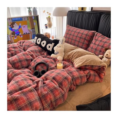 DHJKFU Winter-Bettbezug-Set Kaninchen-Plüsch-Samt 200x230cm 220x240cm Bettwäsche-Sets 4-teilig luxuriös Bettbezug mit Bettlaken und Kissenbezügen(Grid E,200x230-230x250cm) von DHJKFU