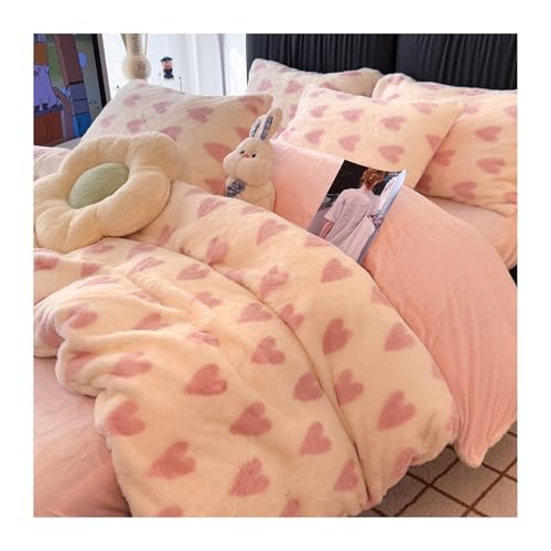 DHJKFU Winter-Bettbezug-Set Kaninchen-Plüsch-Samt 200x230cm 220x240cm Bettwäsche-Sets 4-teilig luxuriös Bettbezug mit Bettlaken und Kissenbezügen(Pink,220x240-245x250cm) von DHJKFU