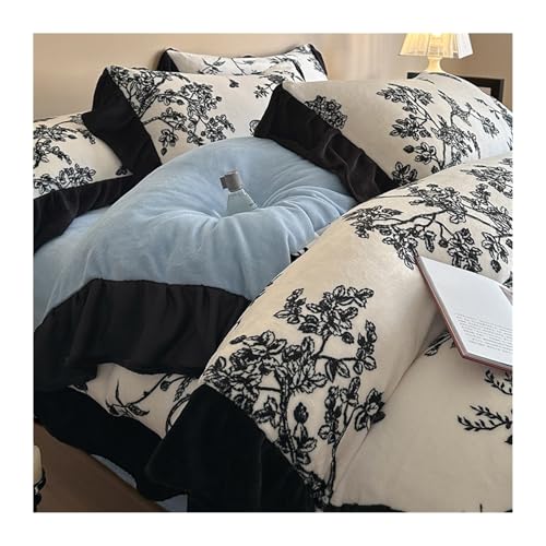 DHJKFU Winter Samt Bettbezug-Set 200x230cm 220x240cm Bettwäsche-Sets 4-teilig weicher Flanell-Bettbezug mit Bettlaken und 2 Kissenbezügen(White F,200x230-230x250cm) von DHJKFU
