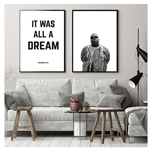 DHLHL It Was All A Dream Biggie Smalls Zitat Rap Poster Prints Wall Art Decor The Notorious BIG Kunstdruck auf Leinwand, 50 x 70 cm 2 cm/kein Rahmen, Schwarz & Weiß von DHLHL