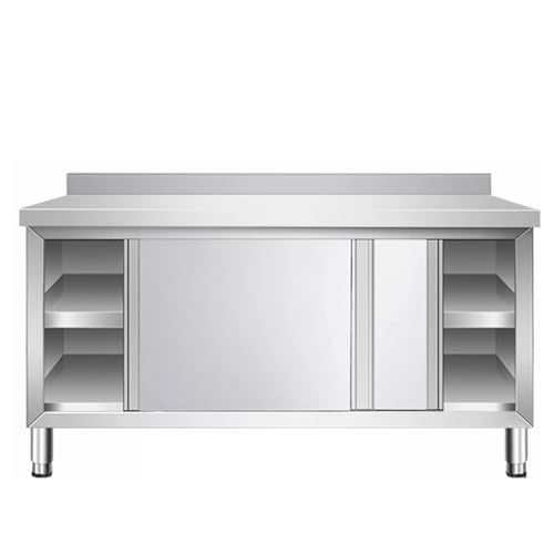 DHNDSDP Edelstahl Schiebetür Arbeitstisch H80cm 1-teilige Schiene mit Rückenlehne Küchen Edelstahltisch Komplett Geschweißt mit Ablageboden für Stauraum Verstellbare Füße von DHNDSDP