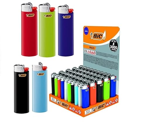 BIC J26 Maxi Original Feuerzeug einfarbig/Gemischt Kindersicherung BIC Ständer BIC Aufsteller Inkl. Gratis Dhobia Aromakarte (Gemischt, 25) von DHOBIA