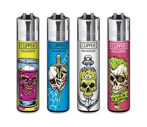 Clipper® Feuerzeuge im Multipack - 4er Set mit coolem Look - Nachhaltig NEU - INKL Gratis Crystal Deko Balls (Bone Portraits) von DHOBIA