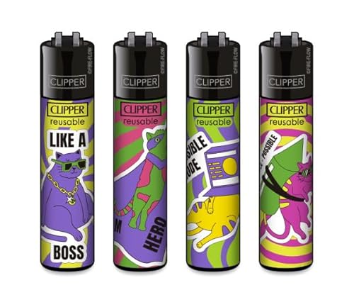Clipper® Feuerzeuge im Multipack - 4er Set mit coolem Look - Nachhaltig NEU - INKL Gratis Crystal Deko Balls (Cat Rules) von DHOBIA